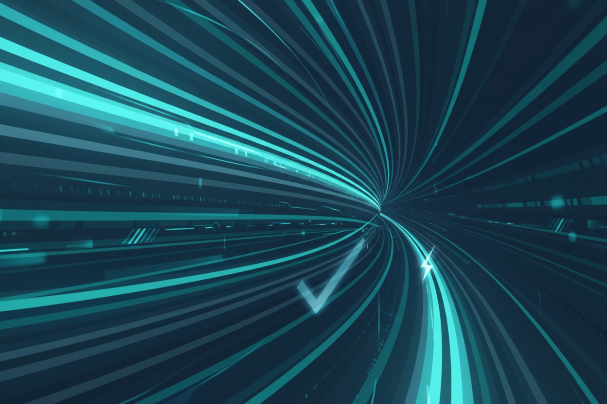 Líneas de luz azul brillante que crean un efecto de túnel digital con un símbolo de verificación integrado.